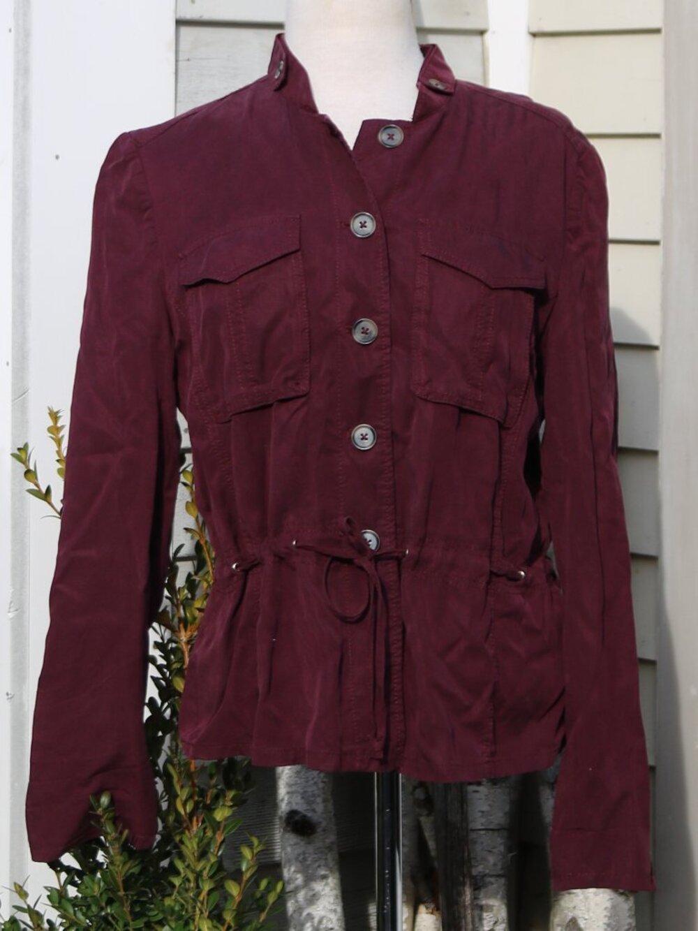 WHBM Burgundy Drawstring Waist Lightweight Roll Tab Sleeve Utility Jacket Sz 12